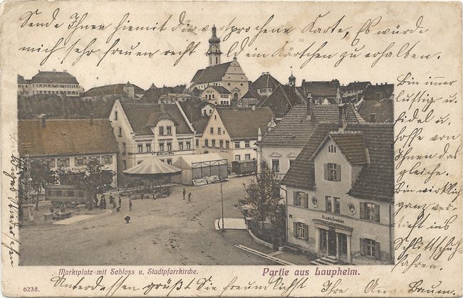 Partie aus Laupheim. Marktplatz mit Schloss u. Stadtpfarrkirche – Vorderseite
